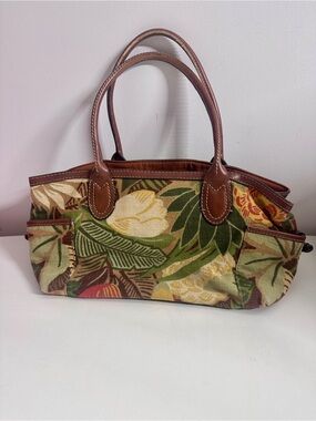 Fossil Floral Tapestry Canvas & Leather Tote Bag Botanical Shoulder Purse